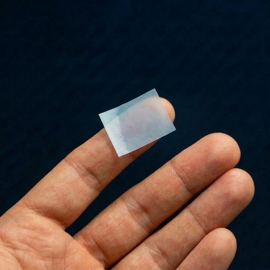 A translucent baby blue Solved dissolvable strip pinched between a thumb and finger