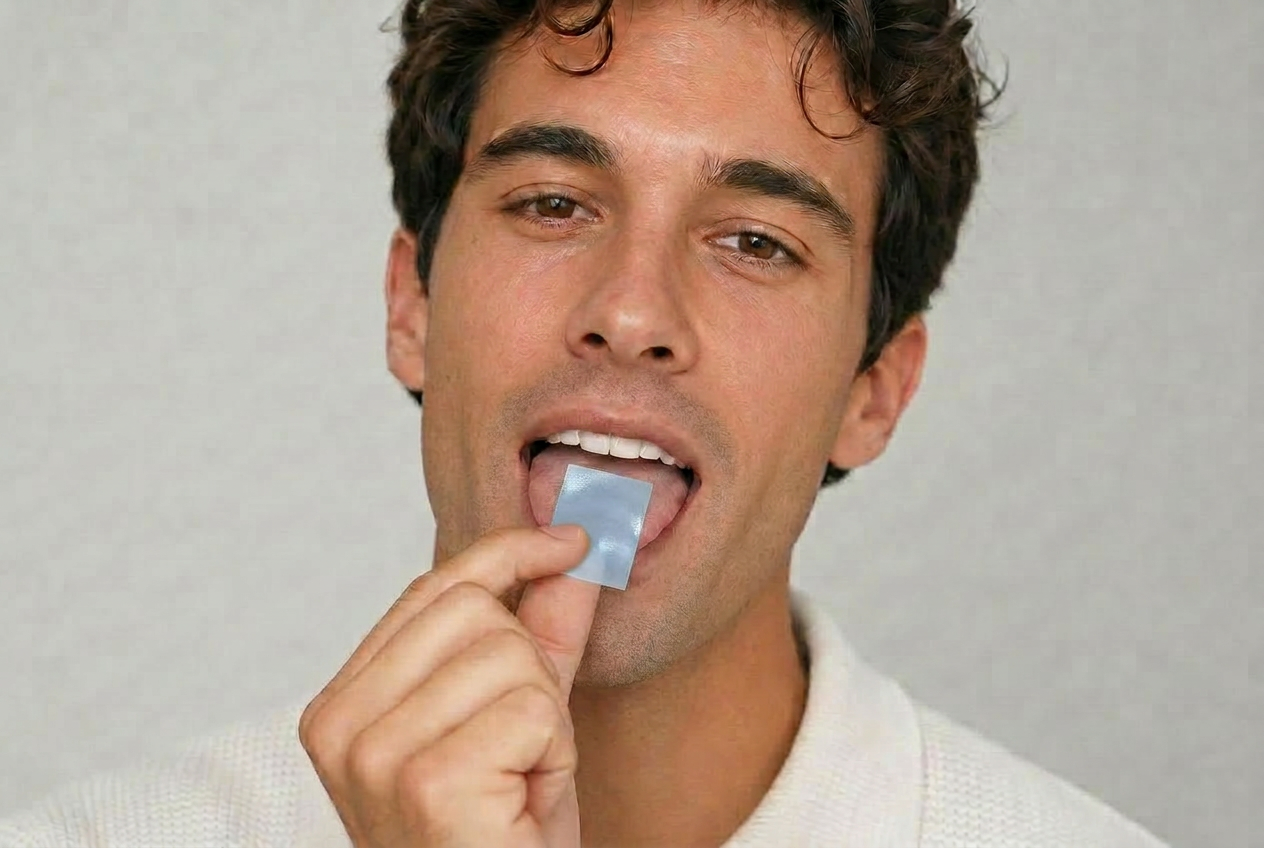 A single translucent baby blue dissolvable Solved strip